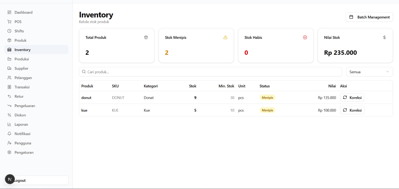 Tampilan manajemen inventori Lokkah